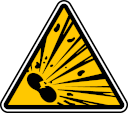 A warning sign with a picture of a cracked peanut shell exploding dramatically